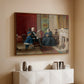 Walnut floater framed canvas of The Brown Family, 1869 by Eastman Johnson, featuring a domestic portrait of group gathered in modest home setting above a console cabinet in a minimalist entryway.