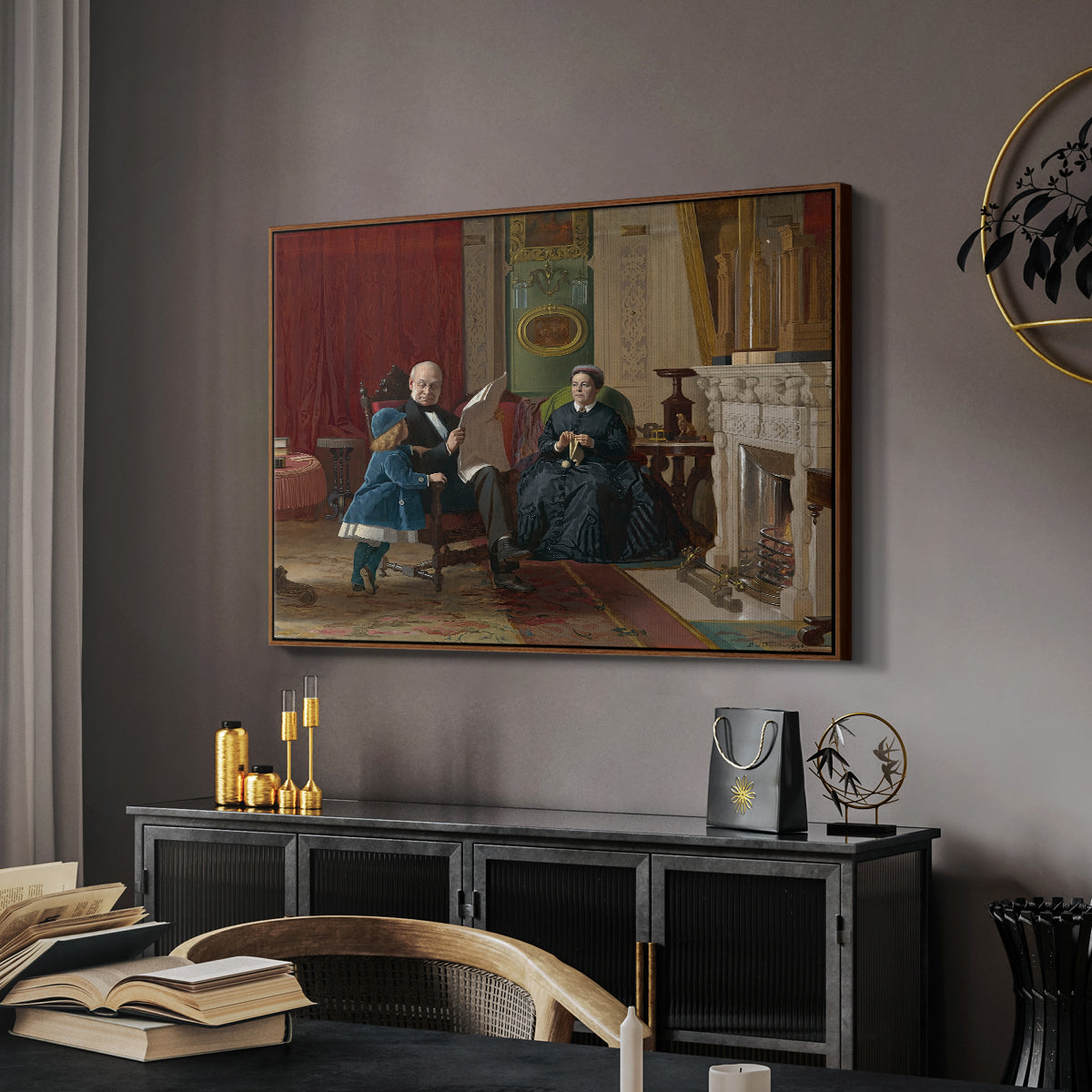 The Brown Family, 1869 by Eastman Johnson in a walnut floater framed canvas featuring an Americana scene with figures sitting and interacting indoors, displayed above a desk in a dark home office interior.