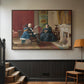Walnut floater framed canvas featuring a family group portrait with warm interior tones, displayed in a hallway near a staircase.