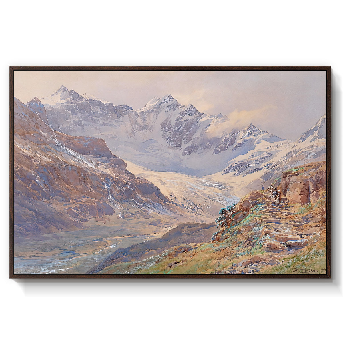 Odenwinklkees with the Johannisberg, 1902 by Edward Theodore Compton in a walnut floater framed canvas wall art display.