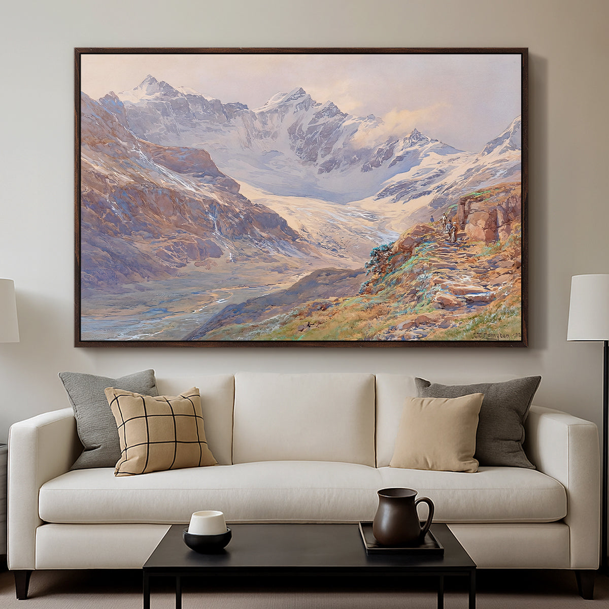 Odenwinklkees with the Johannisberg, 1902 by Edward Theodore Compton displayed in a walnut floater framed canvas above a sofa in a clean living room.
