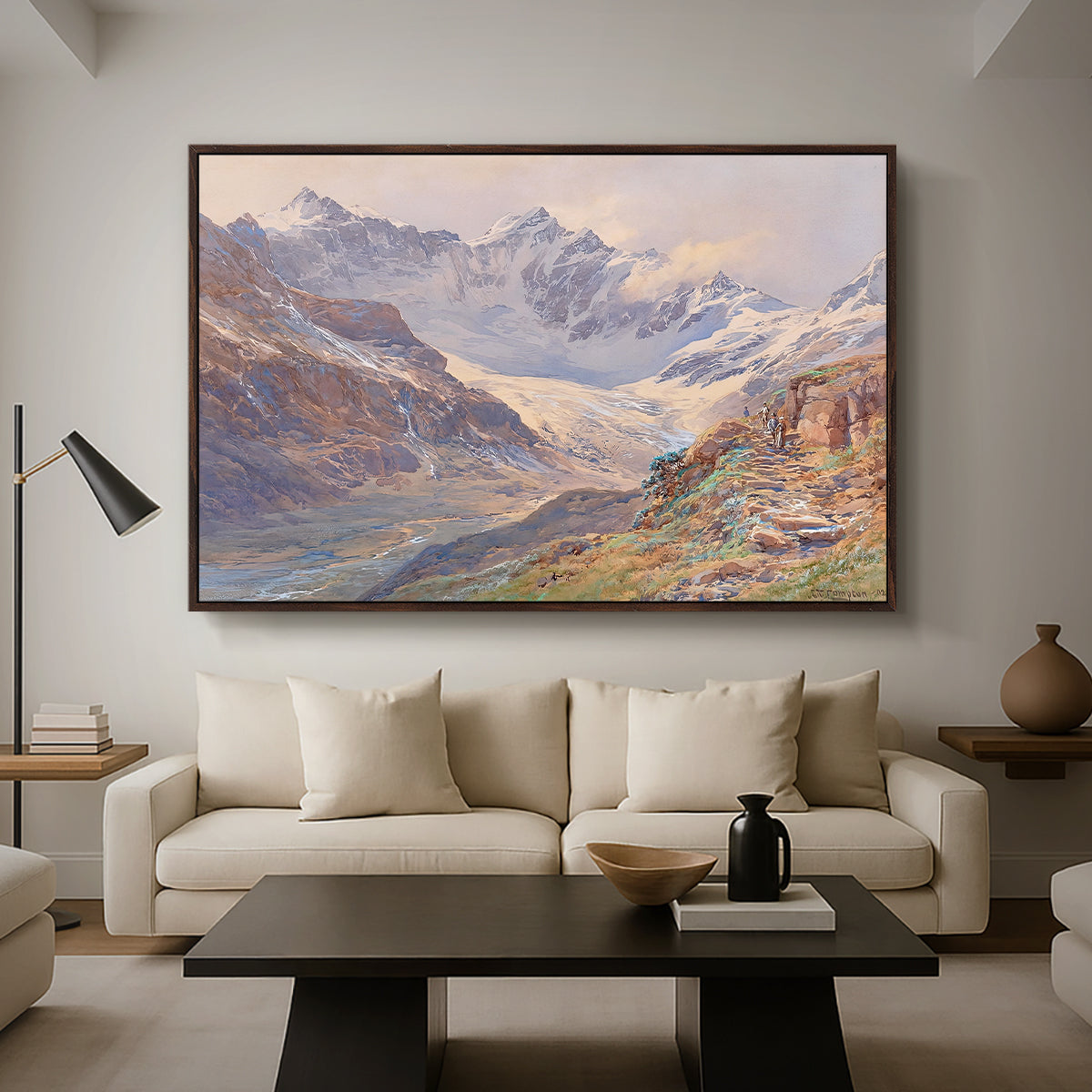 Odenwinklkees with the Johannisberg, 1902 by Edward Theodore Compton as a walnut floater framed canvas featuring an alpine glacier landscape with rugged peaks and snow-covered terrain, displayed above a sofa in a modern living room.