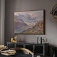 Odenwinklkees with the Johannisberg, 1902 by Edward Theodore Compton in a walnut floater framed canvas featuring a realistic depiction of high-altitude snowy peaks, displayed above a desk in a dark home office interior.