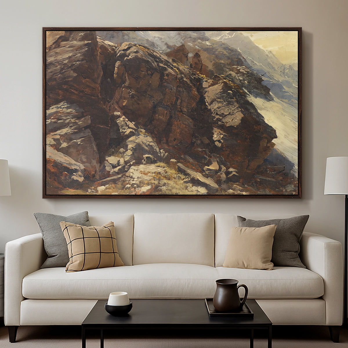 High Mountain Study, c. 1870 by Edward Theodore Compton displayed in a walnut floater framed canvas above a sofa in a clean living room.