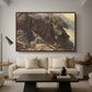 High Mountain Study, c. 1870 by Edward Theodore Compton as a walnut floater framed canvas featuring a rocky alpine terrain with steep slopes and distant mountain peaks, displayed above a sofa in a modern living room.