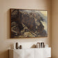 Walnut floater framed canvas of High Mountain Study, c. 1870 by Edward Theodore Compton, featuring a detailed study of rugged mountain landscape with sharp contours above a console cabinet in a minimalist entryway.