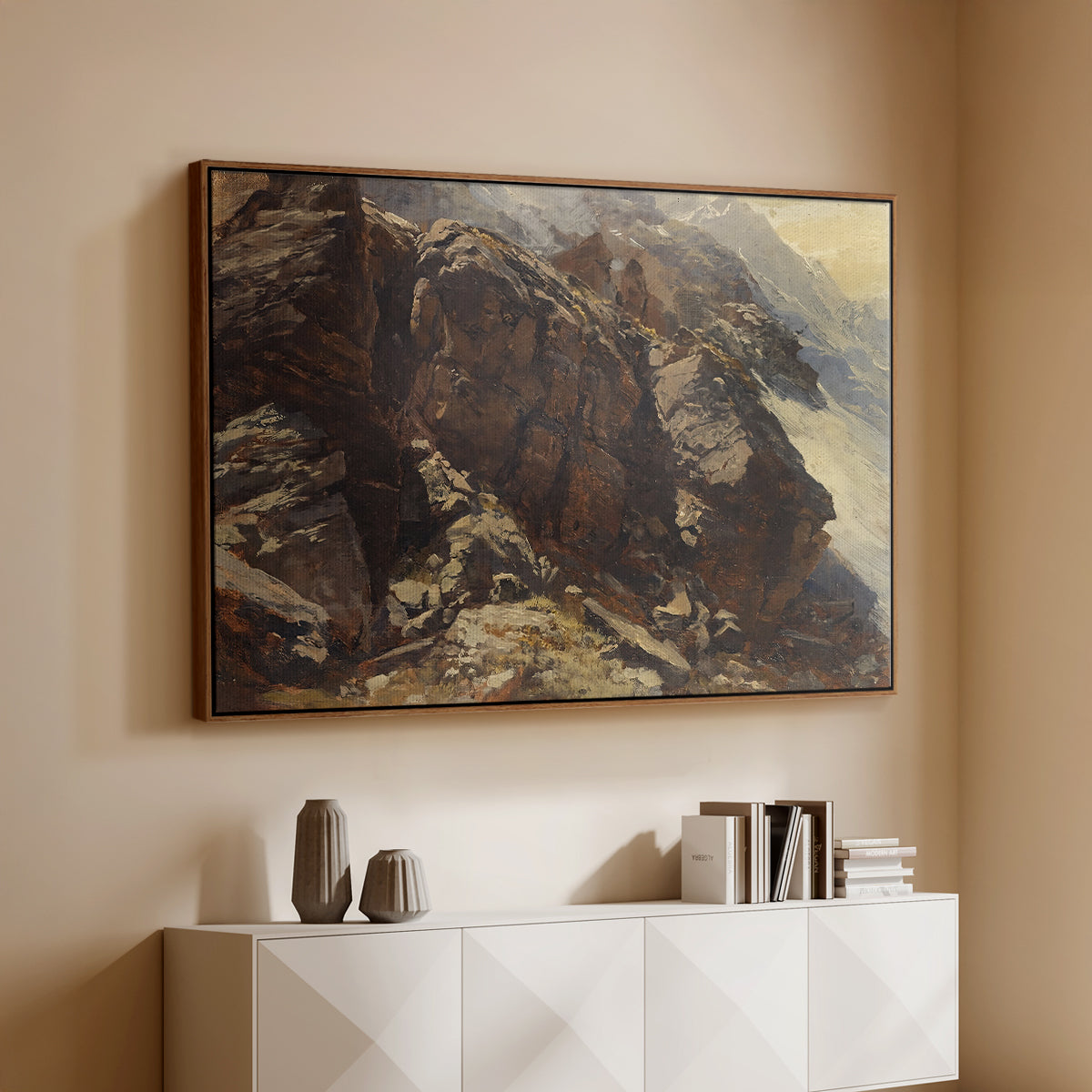 Walnut floater framed canvas of High Mountain Study, c. 1870 by Edward Theodore Compton, featuring a detailed study of rugged mountain landscape with sharp contours above a console cabinet in a minimalist entryway.