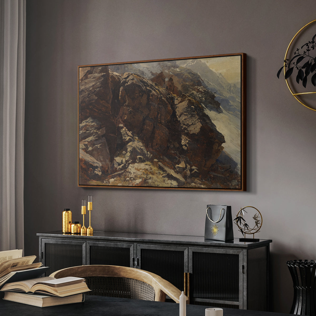 High Mountain Study, c. 1870 by Edward Theodore Compton in a walnut floater framed canvas featuring a high-altitude scene with rocky formations and sparse vegetation, displayed above a desk in a dark home office interior.