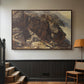 Walnut floater framed canvas featuring a realistic depiction of mountainous terrain under open sky, displayed in a hallway near a staircase.