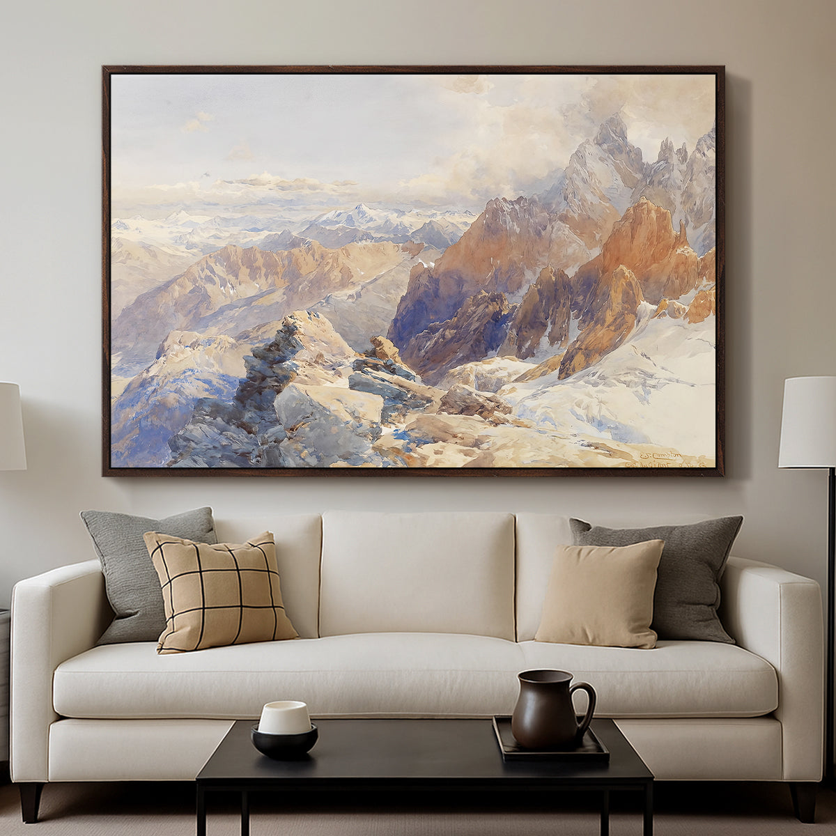 Col du Géant, 1903 by Edward Theodore Compton displayed in a walnut floater framed canvas above a sofa in a clean living room.