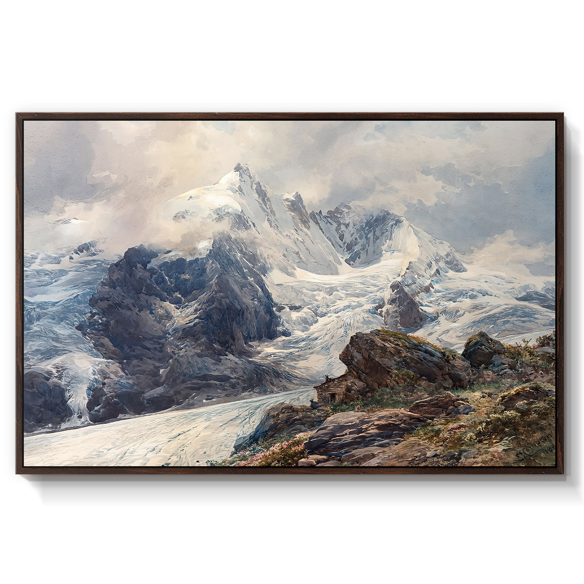 The Grossglockner, 1880 by Edward Theodore Compton in a walnut floater framed canvas wall art display.