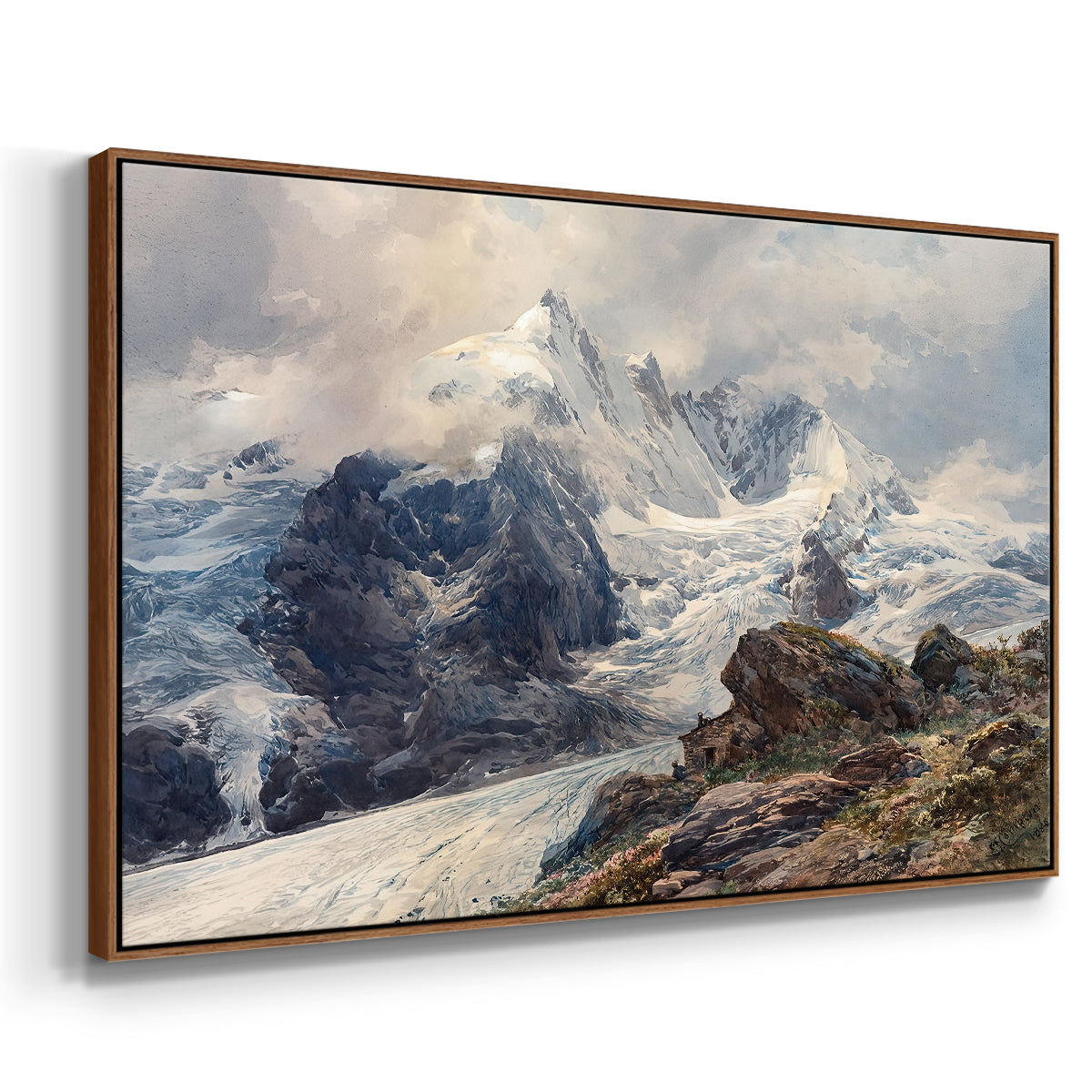 Angled view of The Grossglockner, 1880 by Edward Theodore Compton in a walnut floater framed canvas.