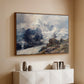Walnut floater framed canvas of The Grossglockner, 1880 by Edward Theodore Compton, featuring a dramatic mountain summit with snow and rugged slopes above a console cabinet in a minimalist entryway.