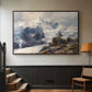 Walnut floater framed canvas featuring an alpine peak dominating surrounding terrain, displayed in a hallway near a staircase.