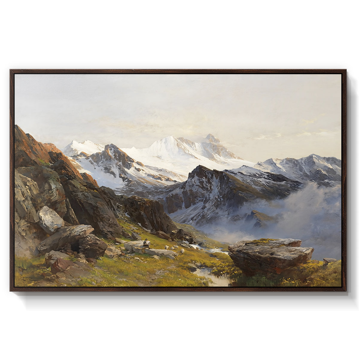 The Großglockner from the Prager Hut, 1890 by Edward Theodore Compton in a walnut floater framed canvas wall art display.