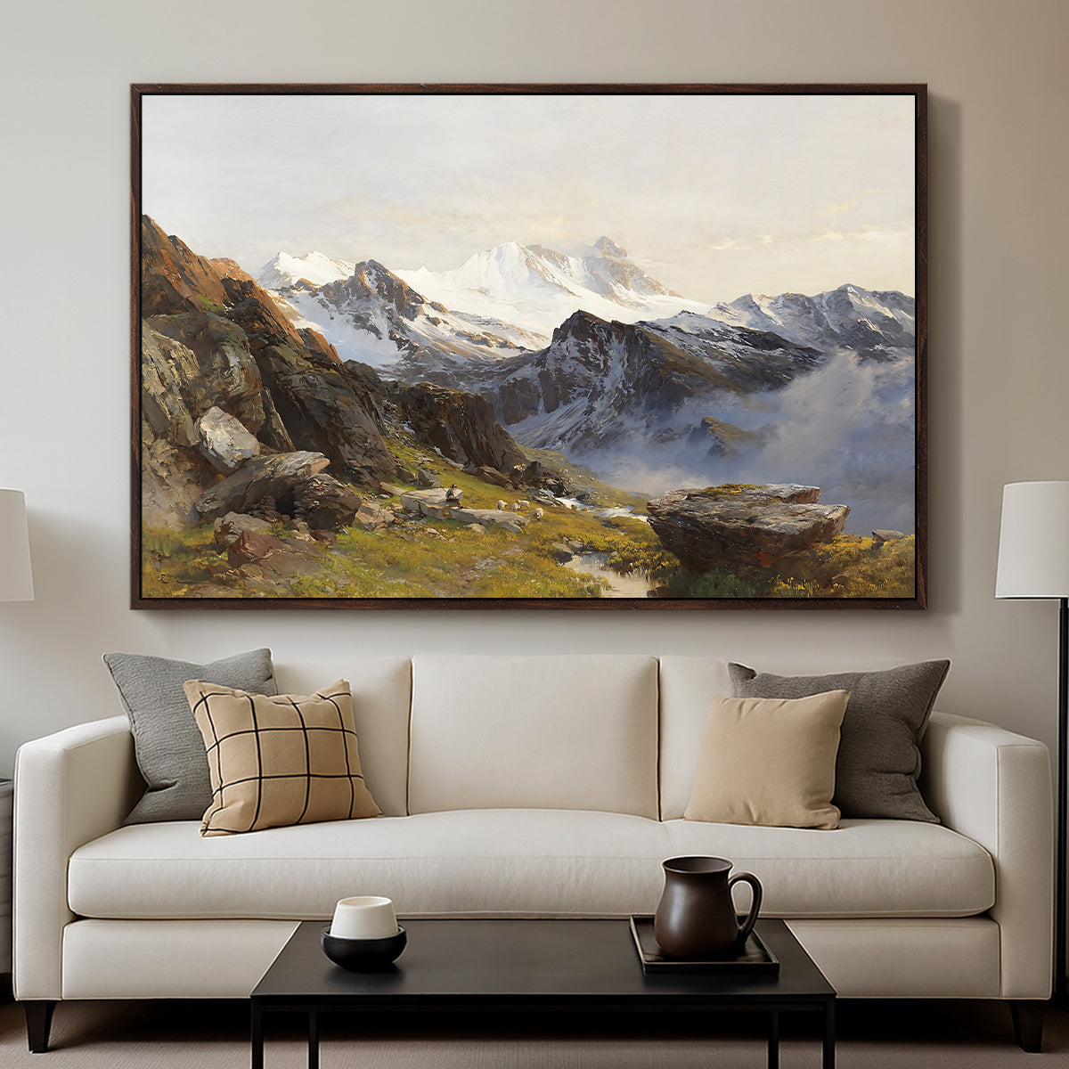 The Großglockner from the Prager Hut, 1890 by Edward Theodore Compton displayed in a walnut floater framed canvas above a sofa in a clean living room.