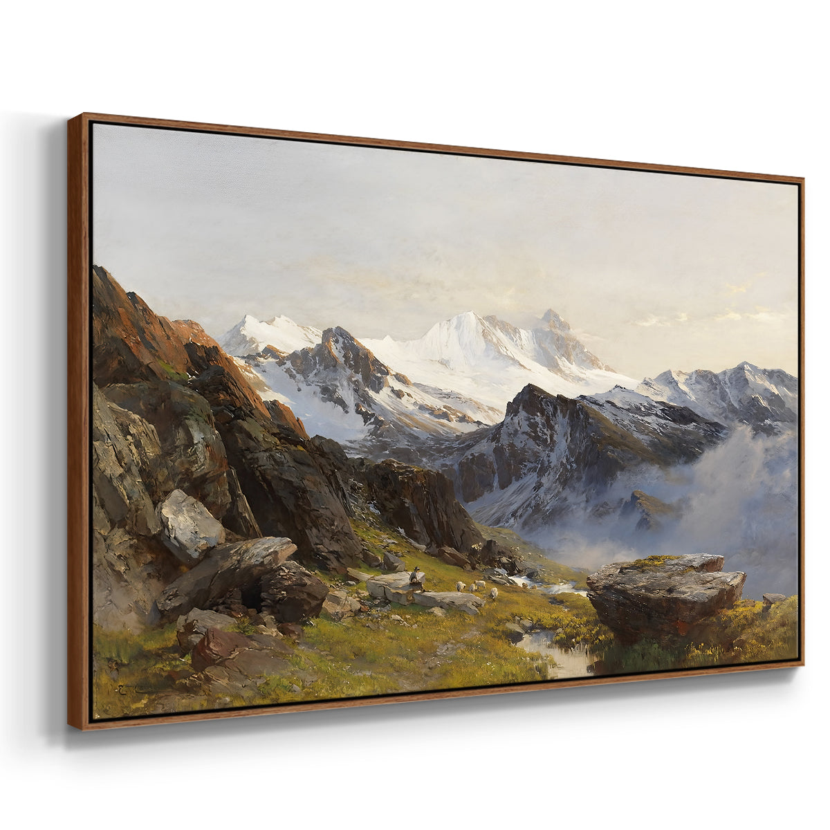 Angled view of The Großglockner from the Prager Hut, 1890 by Edward Theodore Compton in a walnut floater framed canvas.