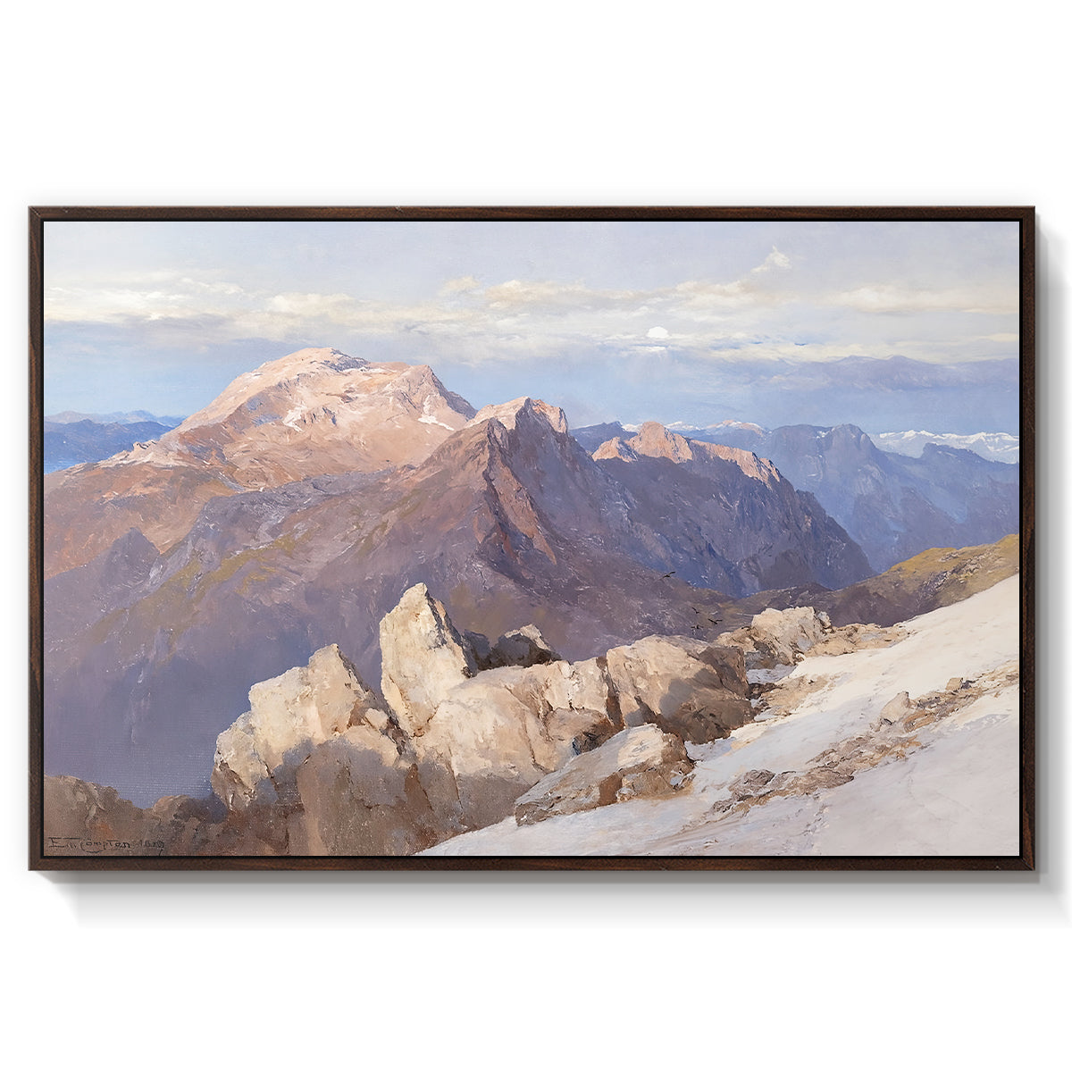 Hoher Göll from Watzmann-Hocheck, 1919 by Edward Theodore Compton in a walnut floater framed canvas wall art display.