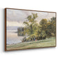 Angled view of Landscape at Lake Starnberg, 1890 by Edward Theodore Compton in a walnut floater framed canvas.