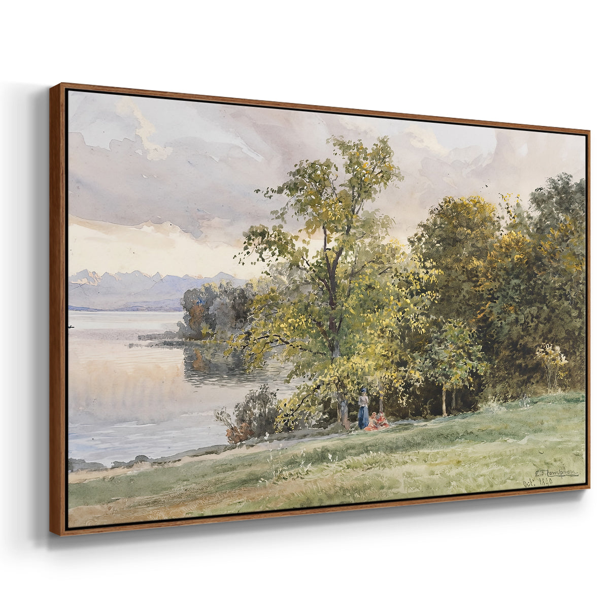 Angled view of Landscape at Lake Starnberg, 1890 by Edward Theodore Compton in a walnut floater framed canvas.