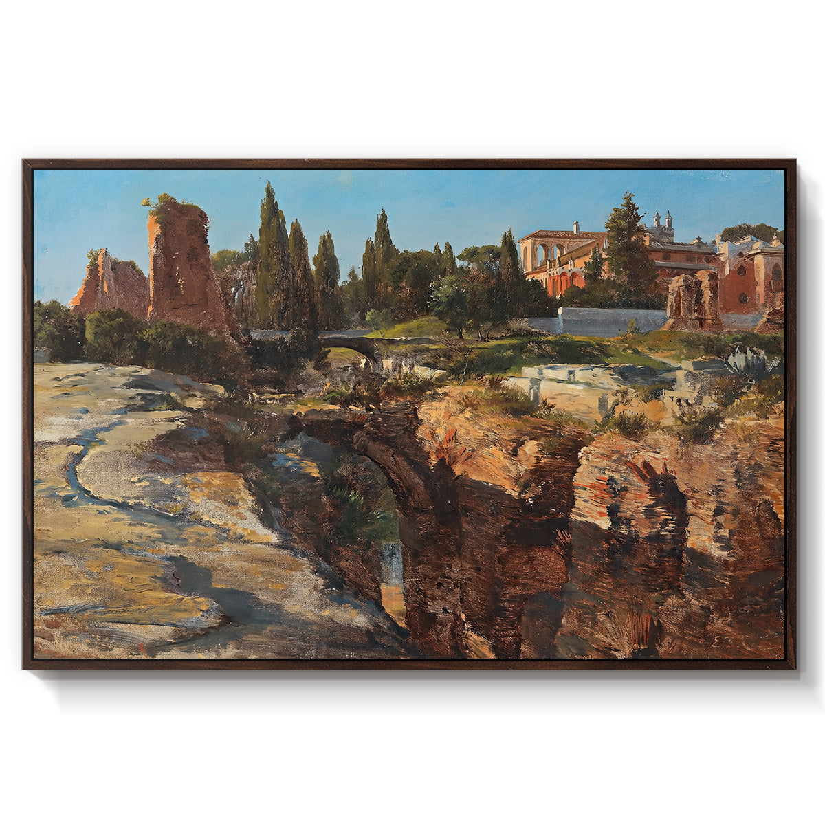 Palatine in Rome, c. 1921 by Edward Theodore Compton in a walnut floater framed canvas wall art display.