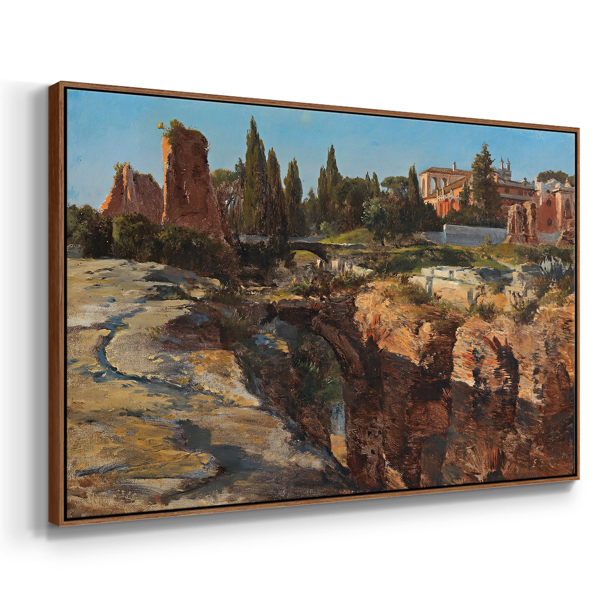 Angled view of Palatine in Rome, c. 1921 by Edward Theodore Compton in a walnut floater framed canvas.