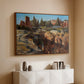 Walnut floater framed canvas of Palatine in Rome, c. 1921 by Edward Theodore Compton, featuring an architectural scene of ancient structures in sunlit environment above a console cabinet in a minimalist entryway.