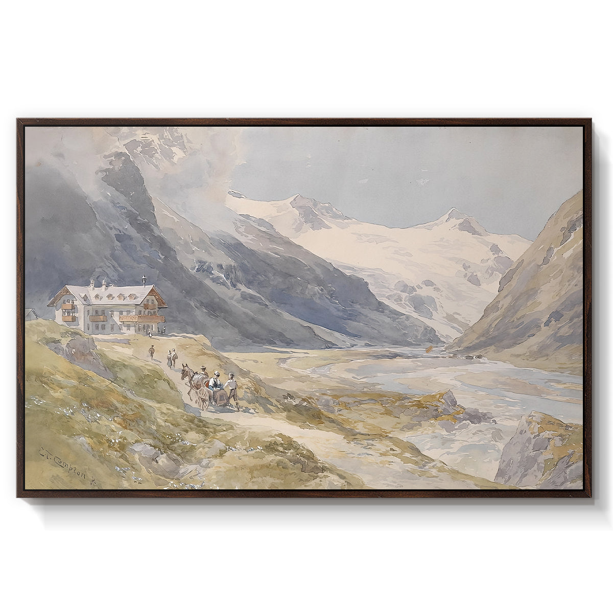 Shepherds (Pasterze), c. 1921 by Edward Theodore Compton in a walnut floater framed canvas wall art display.