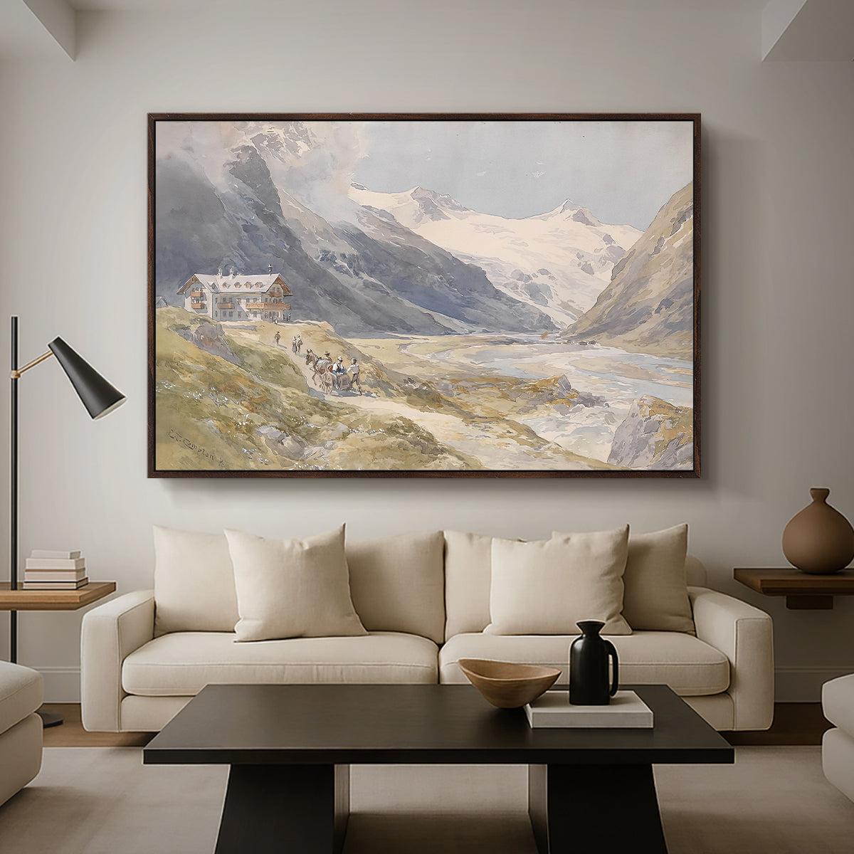 Shepherds (Pasterze), c. 1921 by Edward Theodore Compton as a walnut floater framed canvas featuring a small group of shepherds in alpine landscape with grazing animals, displayed above a sofa in a modern living room.