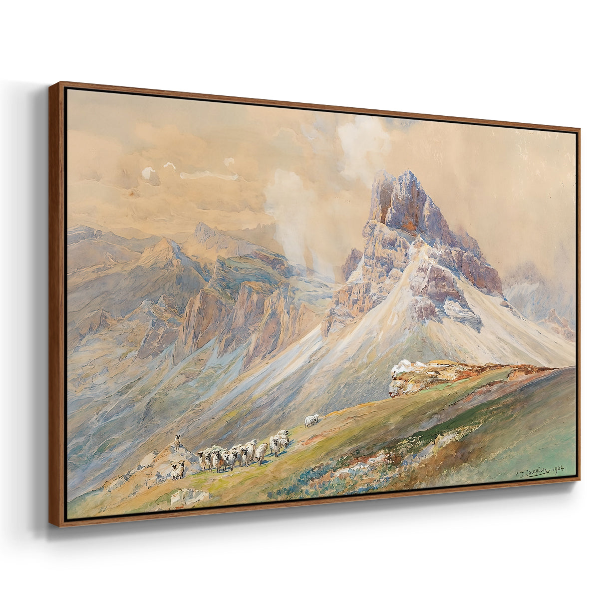 Angled view of From the Dolomites, 1904 by Edward Theodore Compton in a walnut floater framed canvas.