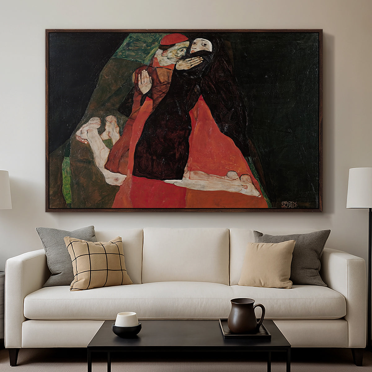Cardinal and Nun (Caress), 1912 by Egon Schiele displayed in a walnut floater framed canvas above a sofa in a clean living room.