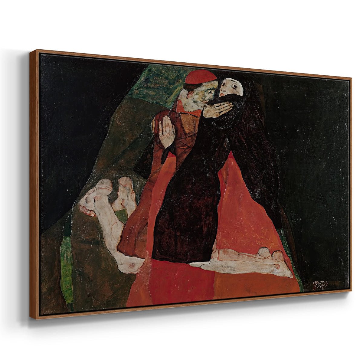 Angled view of Cardinal and Nun (Caress), 1912 by Egon Schiele in a walnut floater framed canvas.