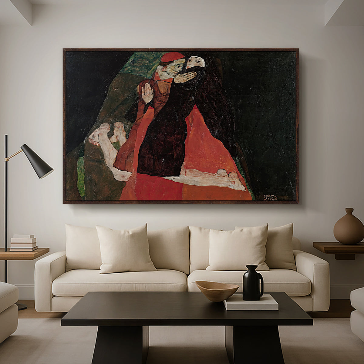 Cardinal and Nun (Caress), 1912 by Egon Schiele as a walnut floater framed canvas featuring two figures embracing intimately in stylized expressionist composition, displayed above a sofa in a modern living room.