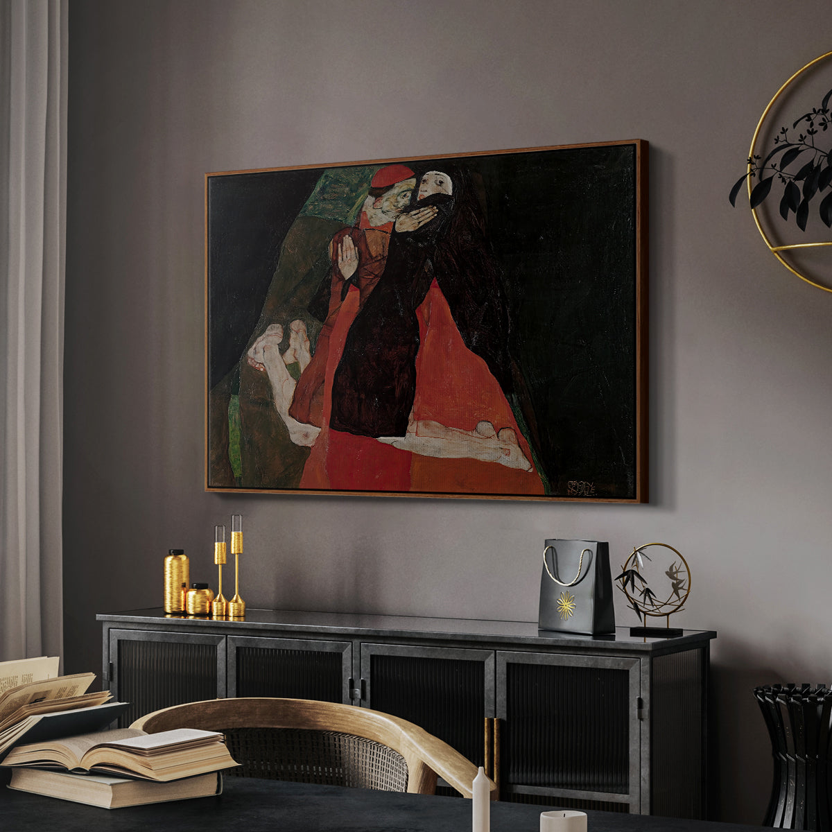 Cardinal and Nun (Caress), 1912 by Egon Schiele in a walnut floater framed canvas featuring an expressive painting of figures entwined with bold lines and color, displayed above a desk in a dark home office interior.