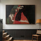 Walnut floater framed canvas featuring an intimate scene with religious figures in modernist style, displayed in a hallway near a staircase.