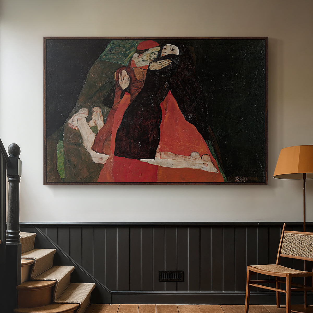 Walnut floater framed canvas featuring an intimate scene with religious figures in modernist style, displayed in a hallway near a staircase.