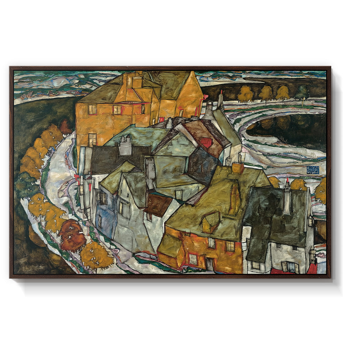 Crescent of Houses II (Island Town), 1915 by Egon Schiele in a walnut floater framed canvas wall art display.