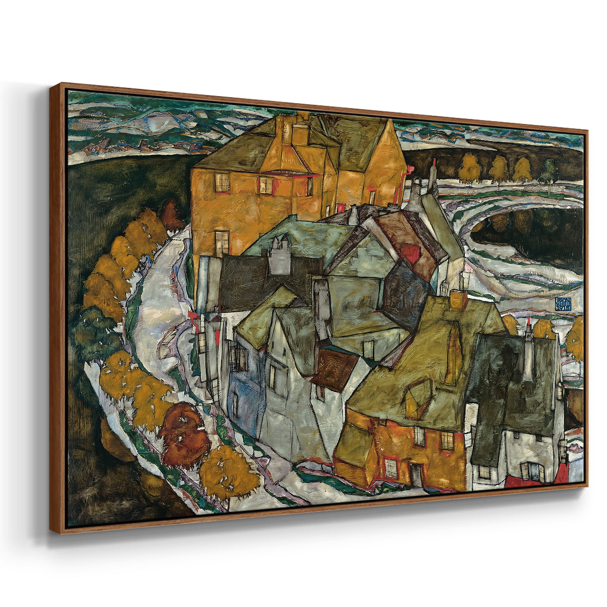 Angled view of Crescent of Houses II (Island Town), 1915 by Egon Schiele in a walnut floater framed canvas.