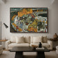 Crescent of Houses II (Island Town), 1915 by Egon Schiele as a walnut floater framed canvas featuring a curved row of colorful houses forming crescent shape along water, displayed above a sofa in a modern living room.