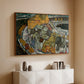 Walnut floater framed canvas of Crescent of Houses II (Island Town), 1915 by Egon Schiele, featuring a stylized townscape with clustered buildings and bold outlines above a console cabinet in a minimalist entryway.
