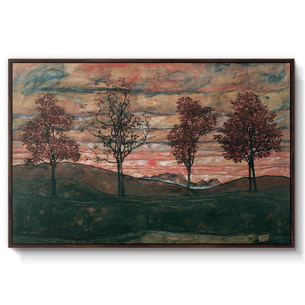 Four Trees, 1917 by Egon Schiele in a walnut floater framed canvas wall art display.