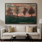 Four Trees, 1917 by Egon Schiele displayed in a walnut floater framed canvas above a sofa in a clean living room.