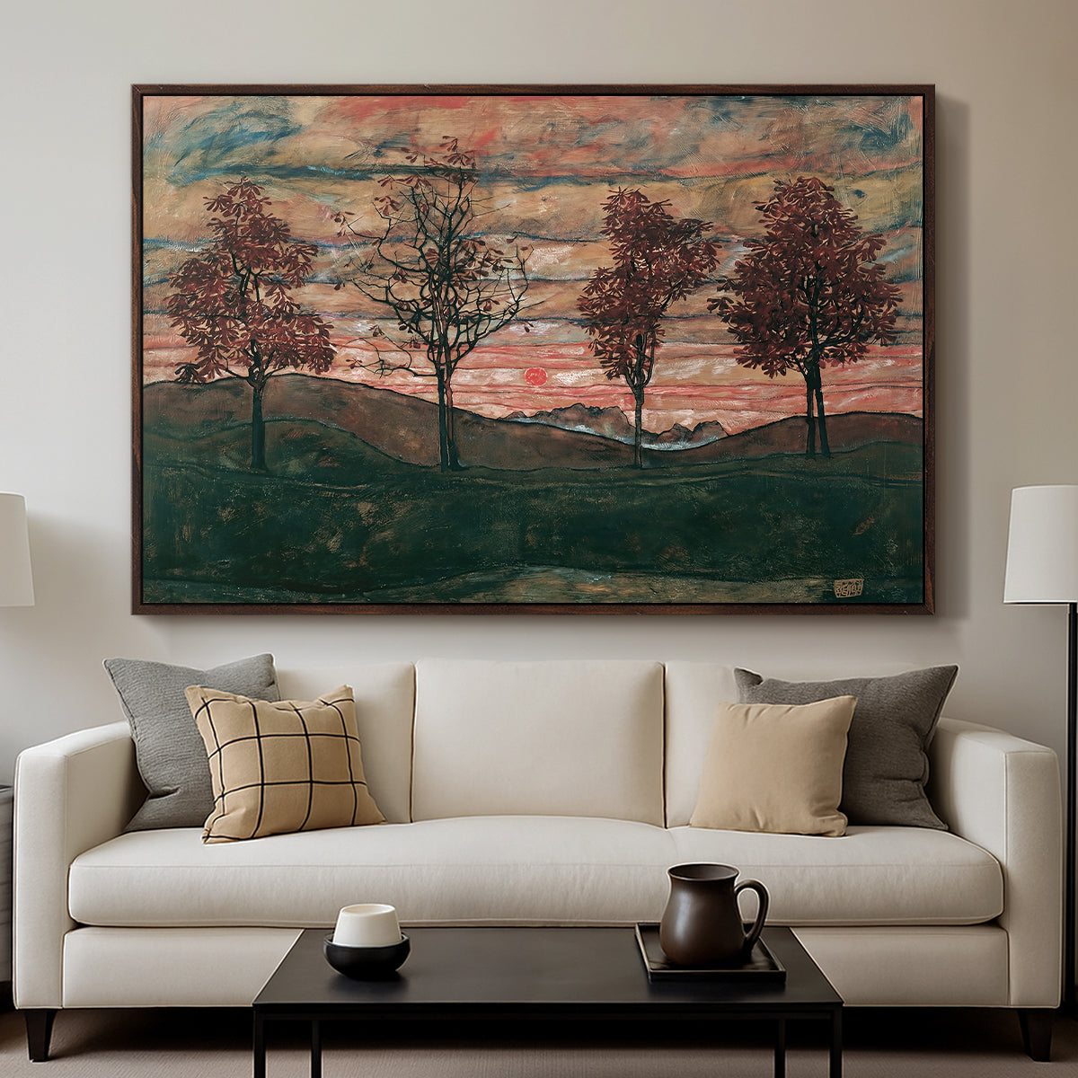 Four Trees, 1917 by Egon Schiele displayed in a walnut floater framed canvas above a sofa in a clean living room.