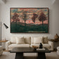 Four Trees, 1917 by Egon Schiele as a walnut floater framed canvas featuring four trees standing in open landscape against colorful sky, displayed above a sofa in a modern living room.