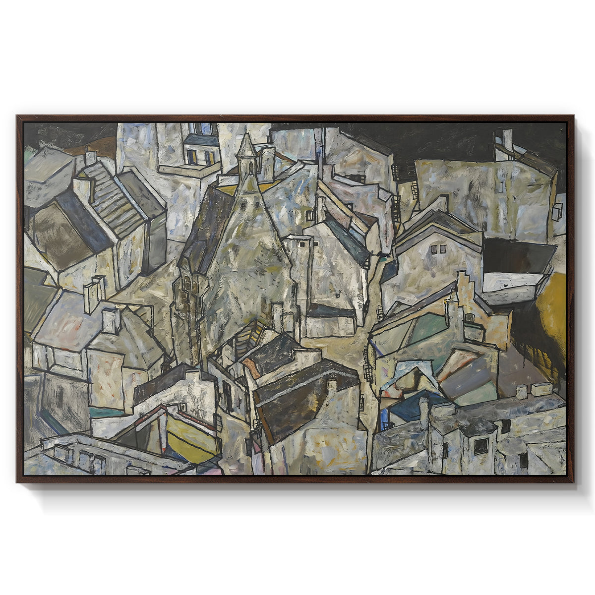 Mödling II, 1918 by Egon Schiele in a walnut floater framed canvas wall art display.