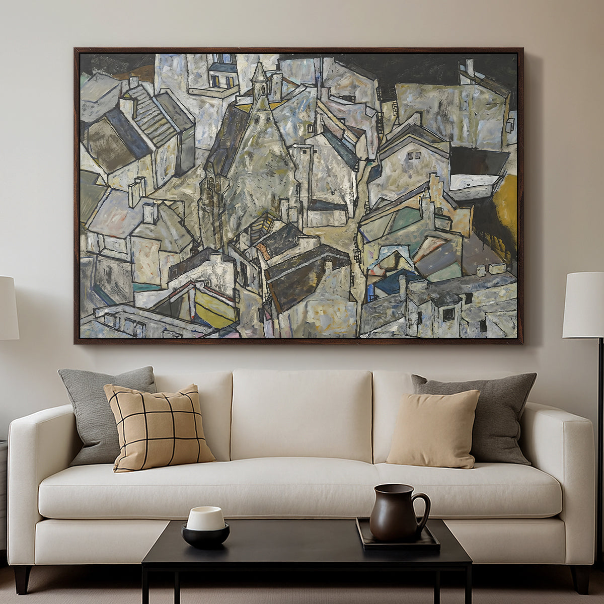 Mödling II, 1918 by Egon Schiele displayed in a walnut floater framed canvas above a sofa in a clean living room.