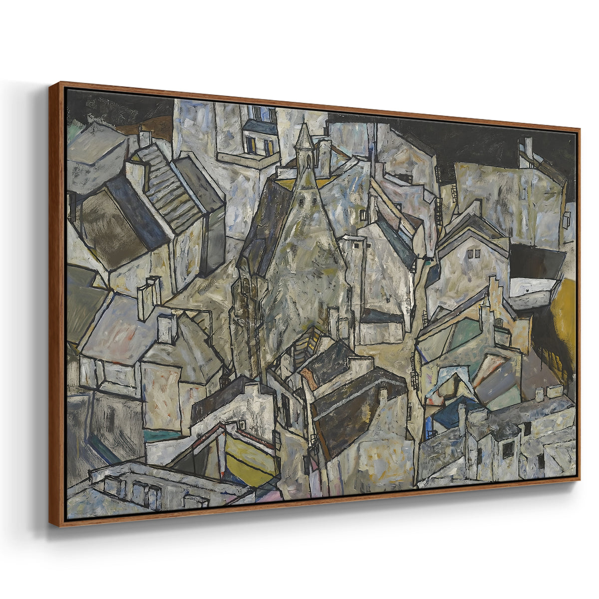 Angled view of Mödling II, 1918 by Egon Schiele in a walnut floater framed canvas.