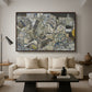 Mödling II, 1918 by Egon Schiele as a walnut floater framed canvas featuring clustered geometric houses forming dense urban landscape with sharp angles, displayed above a sofa in a modern living room.
