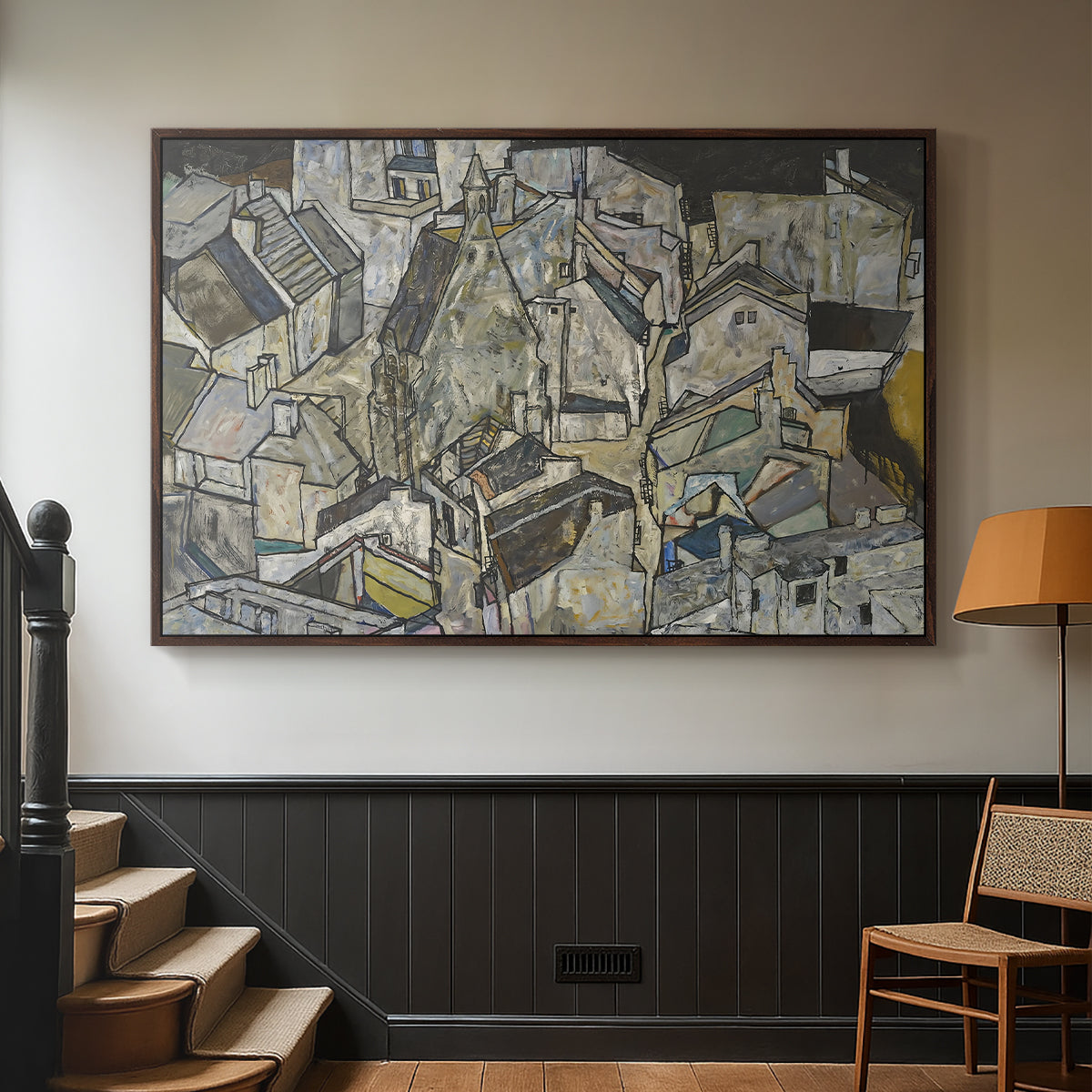 Walnut floater framed canvas featuring a stylized urban composition with geometric structures and muted tones, displayed in a hallway near a staircase.