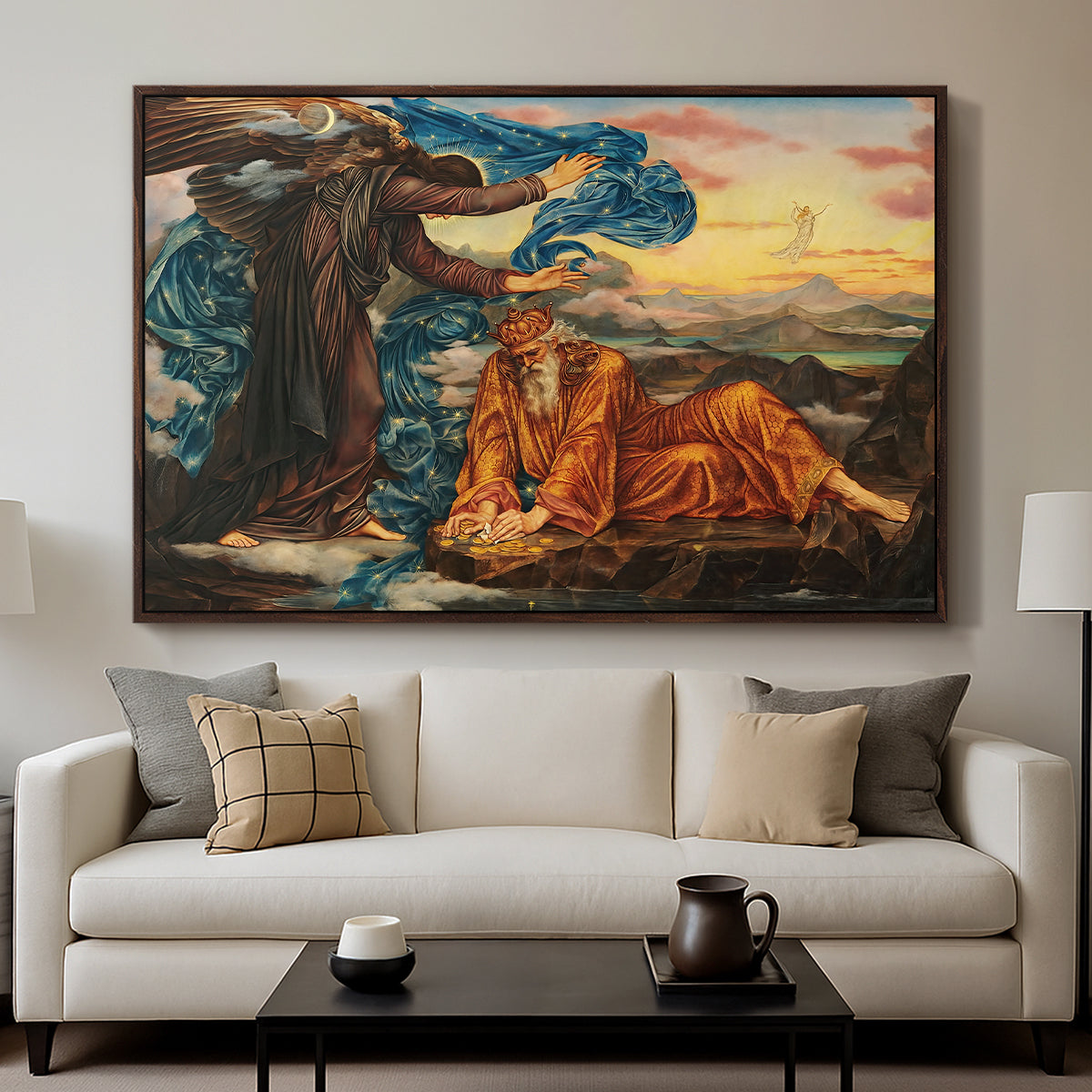 Earthbound, 1897 by Evelyn De Morgan displayed in a walnut floater framed canvas above a sofa in a clean living room.